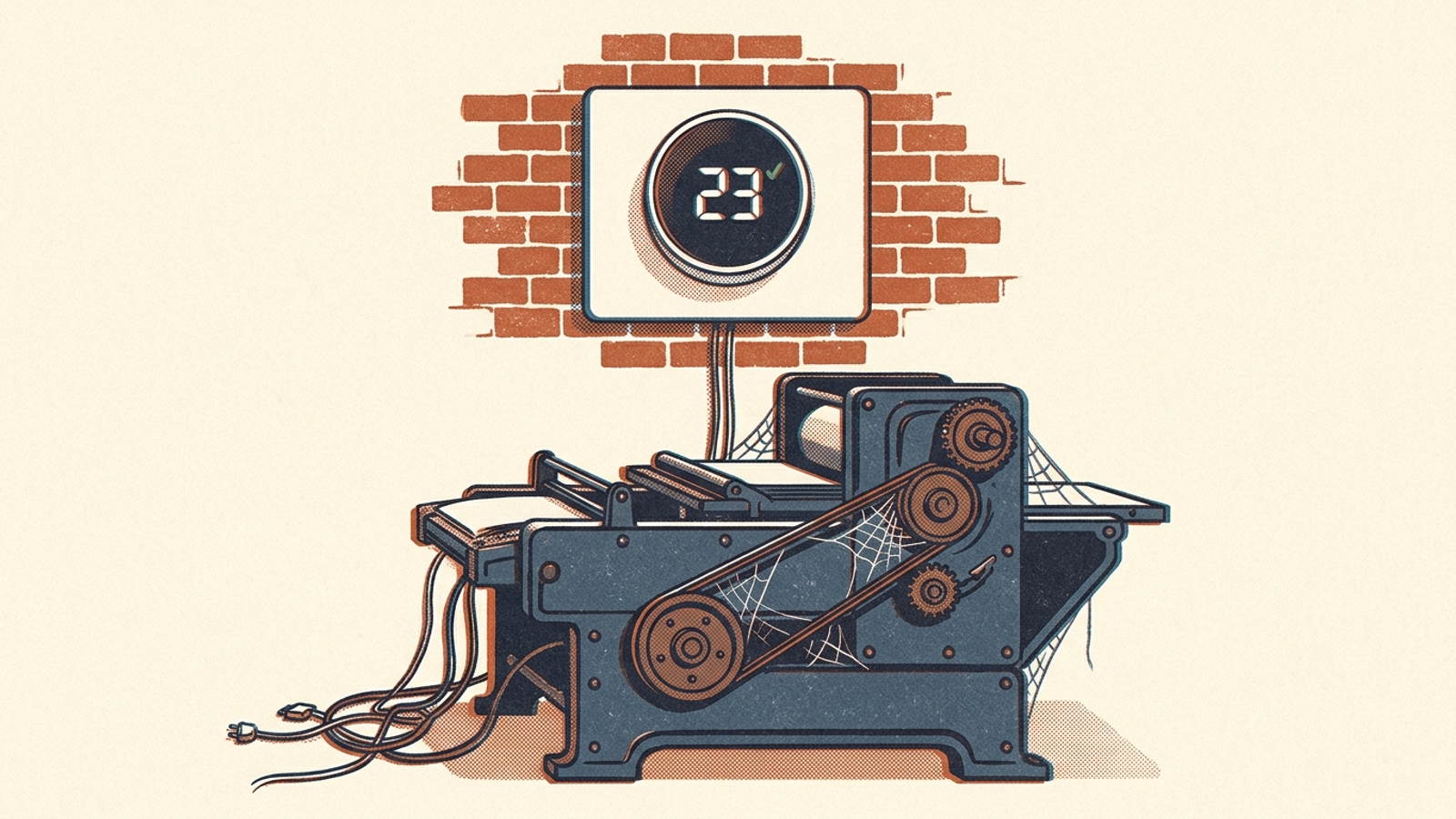 A digital gauge displays an AI visibility score while the machinery beneath it sits unplugged.